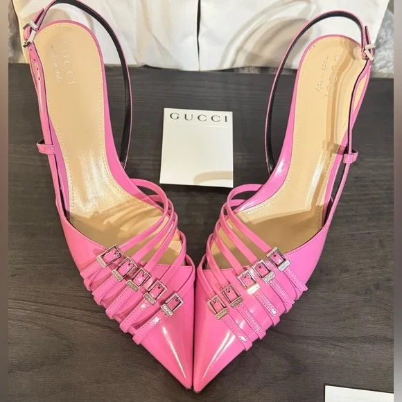 GUCCI | PRICE FIRM💲💥
75MM Hot Pink Leather Seraphine Buckle Slingback Pump - Picture 12 of 13